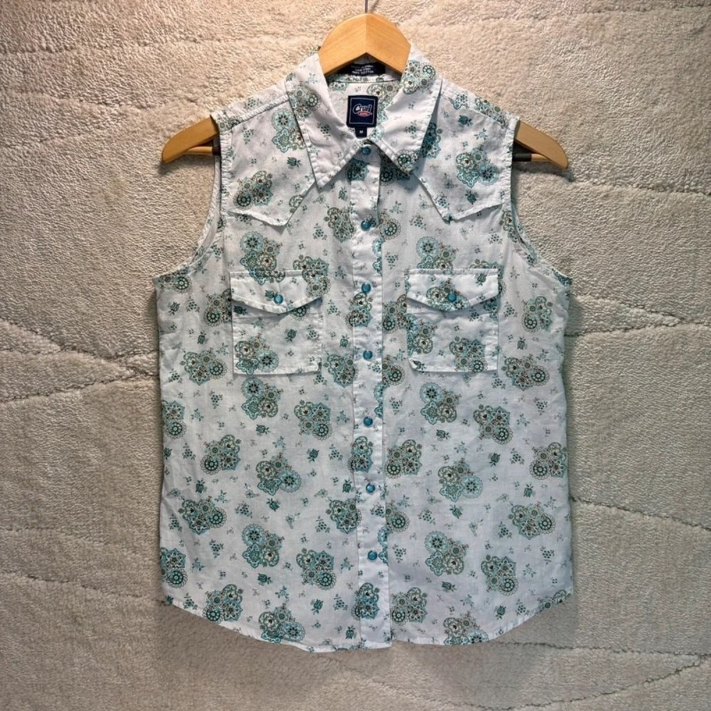 Cruel Girl Floral Western Pearl Snap Sleeveless Shirt Women's M*